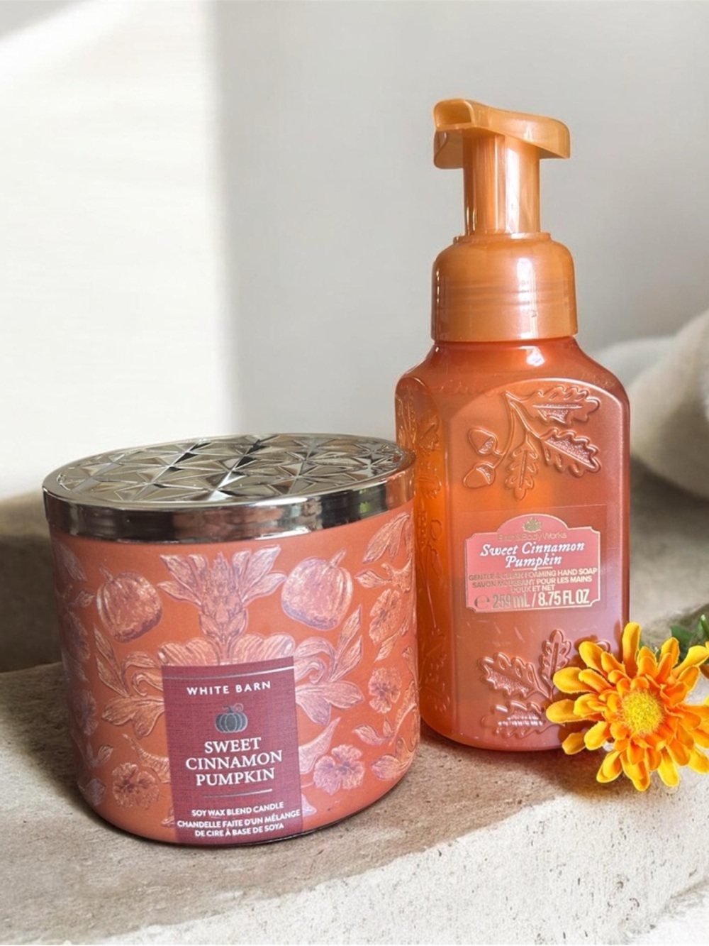 Bath & Body Works Sweet Cinnamon Pumpkin 3 wick Candle & Matching Foam  HandSoap